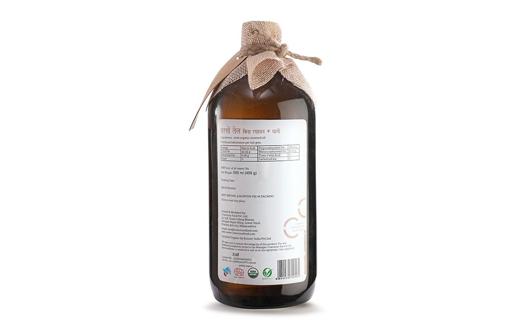 Conscious Food Mustard Oil Organic+Cold-Pressed   Glass Bottle  500 millilitre